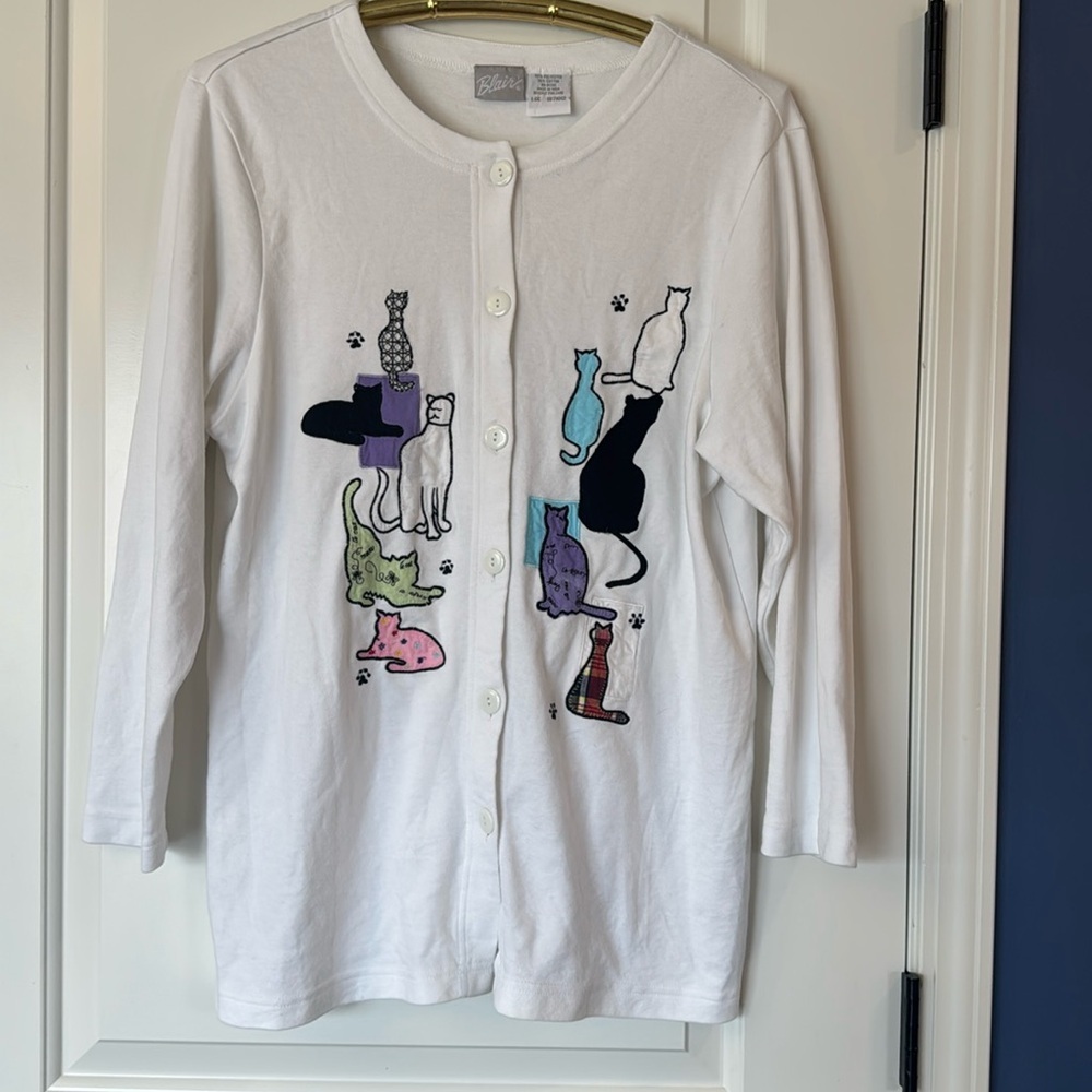 Vintage Blair - Color Block Cat Button Down Cotton Blend Sweatshirt L White